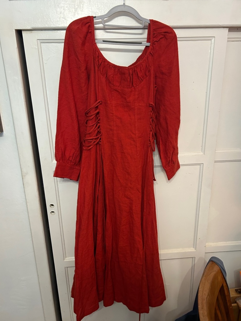 Red Long-Sleeve lace up Linen Dress